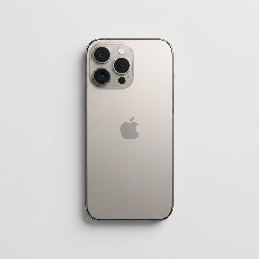 iPhone 15 Pro Max Natural Titanium, top-down view from above, professional studio lighting with soft shadows, clean light gray background, premium smartphone showing triple c Apple iPhone 15 Pro Max | Titane Nature - 256 Go - Grade B | – Image 1